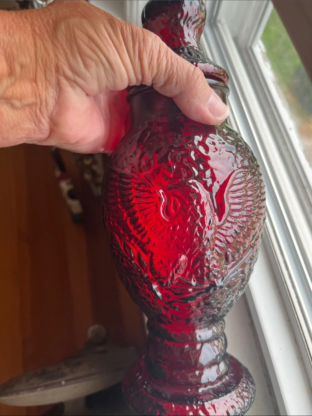 Vintage 1970’s Red Ruby Eagle Embossed Apothecary Jar with Lid